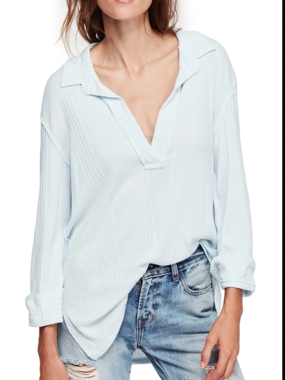 Free People Light Blue V-Neck Women's Top - Casual Long Sleeve
